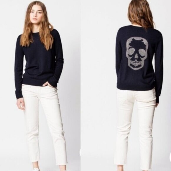 Zadig and Voltaire Miss M Skull Merino Wool Sweater XS Navy Blue Silver Crystal - Picture 7 of 7